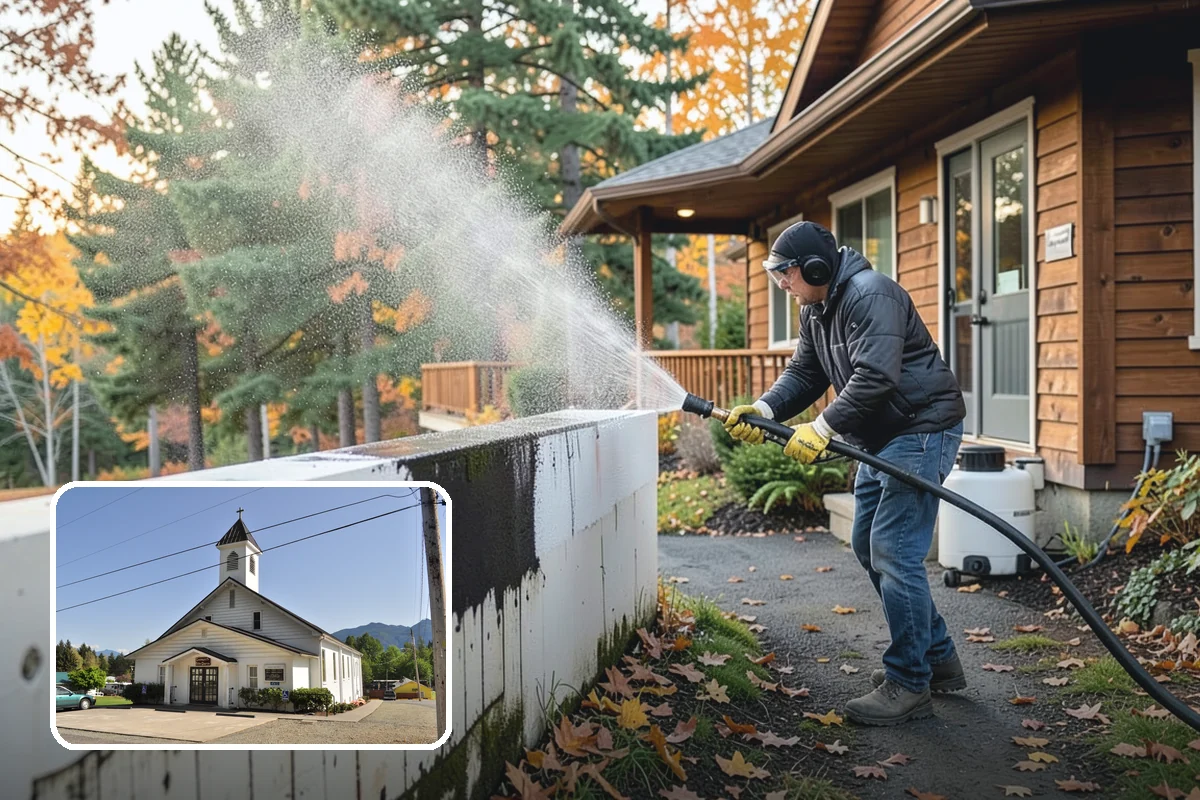 Stairwell Cleaning in Concrete, Skagit County, WA - Removes slick algae and grime from shaded treads