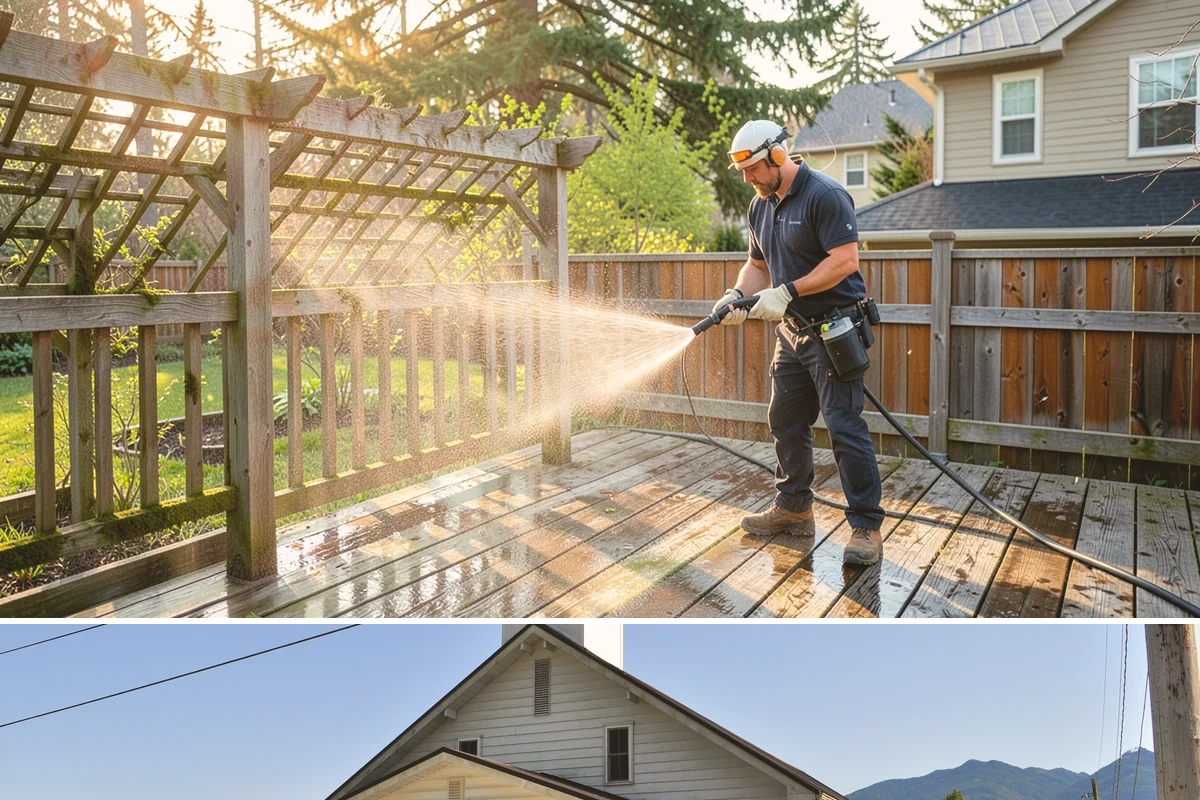 Stairwell Cleaning in Concrete, Skagit County, WA - Stairwells benefit from cleaning two to three times a year, with priority through the wet fall and winter when algae peaks.