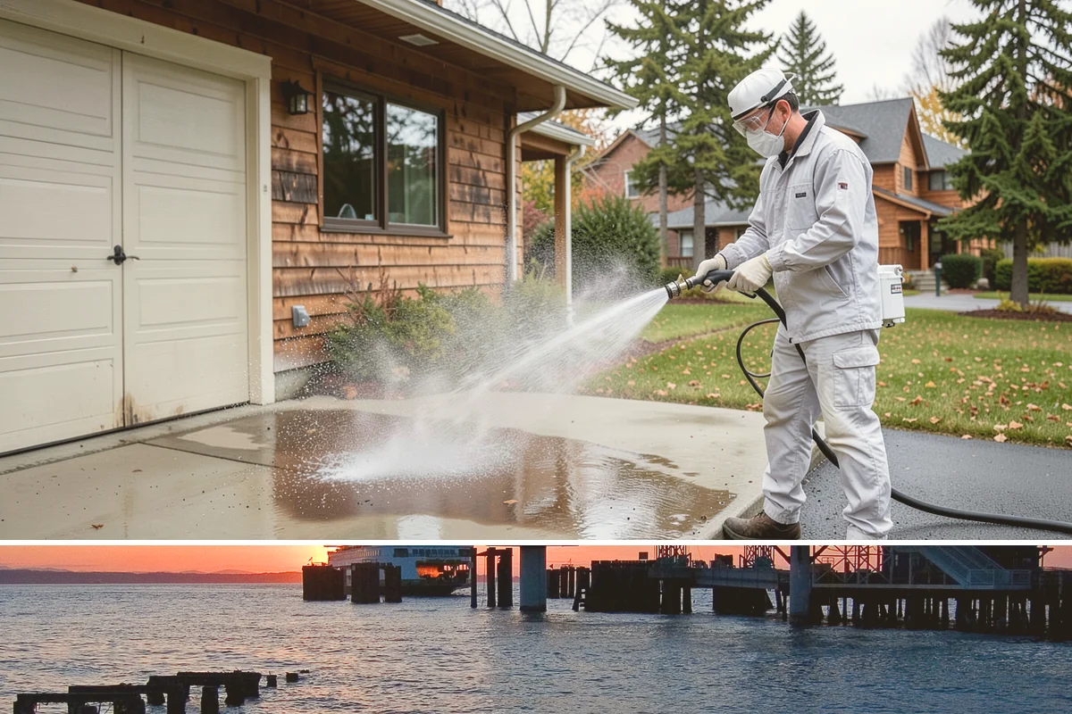 Stairwell Cleaning in Edmonds, Snohomish County, WA - Stairwells benefit from cleaning two to three times a year, with priority through the wet fall and winter when algae peaks.