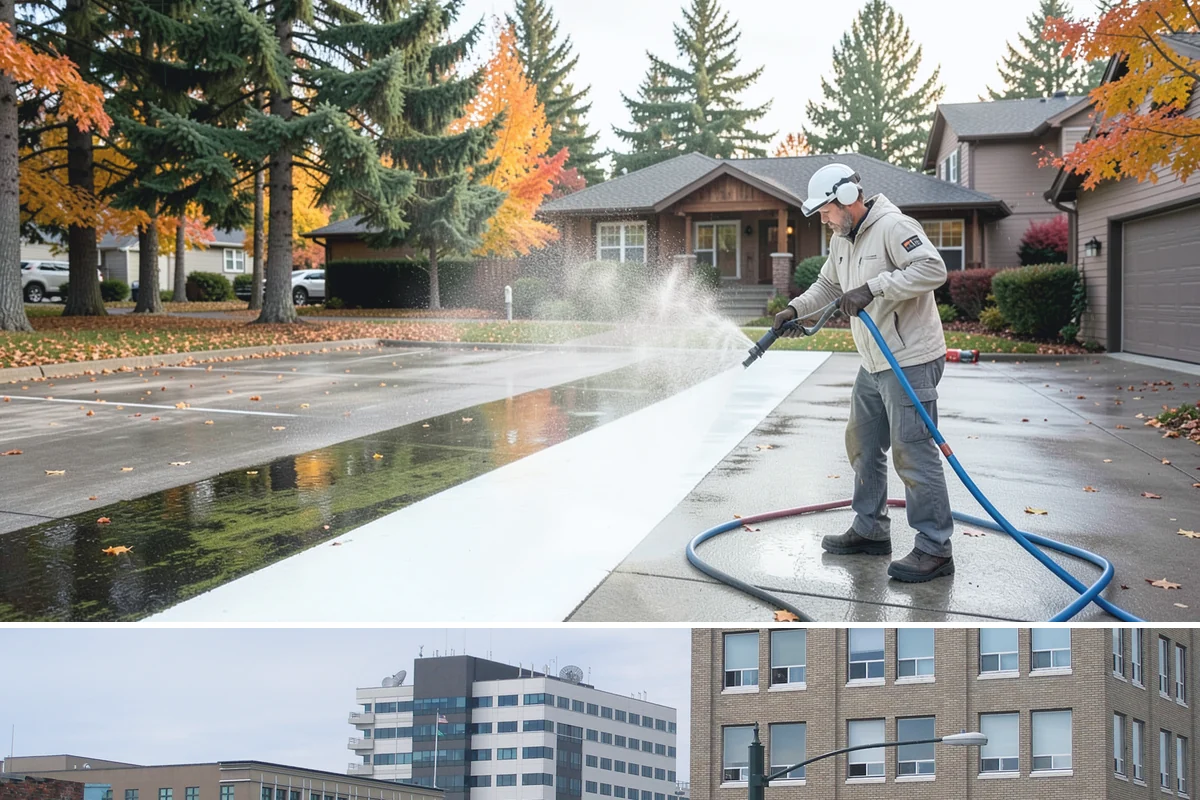 Stairwell Cleaning in Everett, Snohomish County, WA - Stairwells benefit from cleaning two to three times a year, with priority through the wet fall and winter when algae peaks.