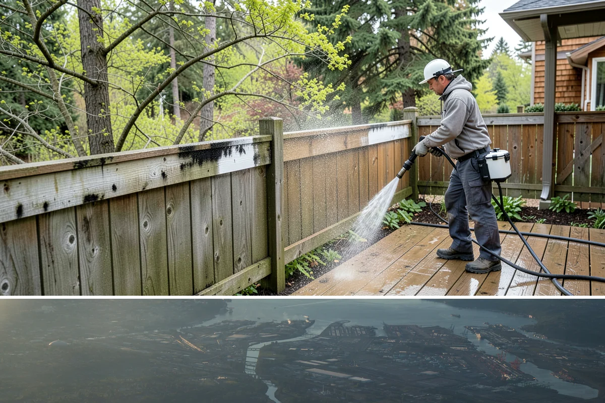 Stairwell Cleaning in Fife, Pierce County, WA - Stairwells benefit from cleaning two to three times a year, with priority through the wet fall and winter when algae peaks.