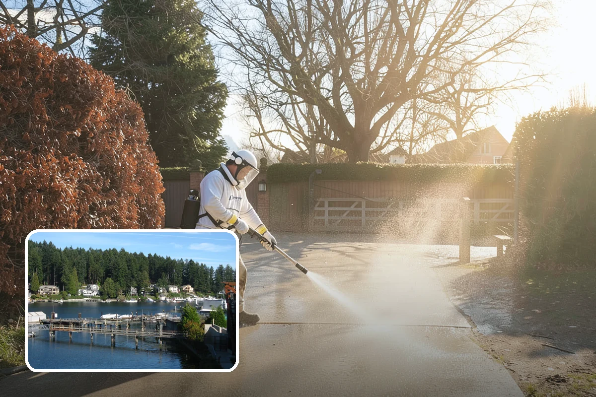 Stairwell Cleaning in Gig Harbor, Pierce County, WA - Removes slick algae and grime from shaded treads