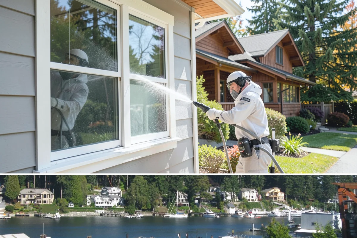 Stairwell Cleaning in Gig Harbor, Pierce County, WA - Stairwells benefit from cleaning two to three times a year, with priority through the wet fall and winter when algae peaks.