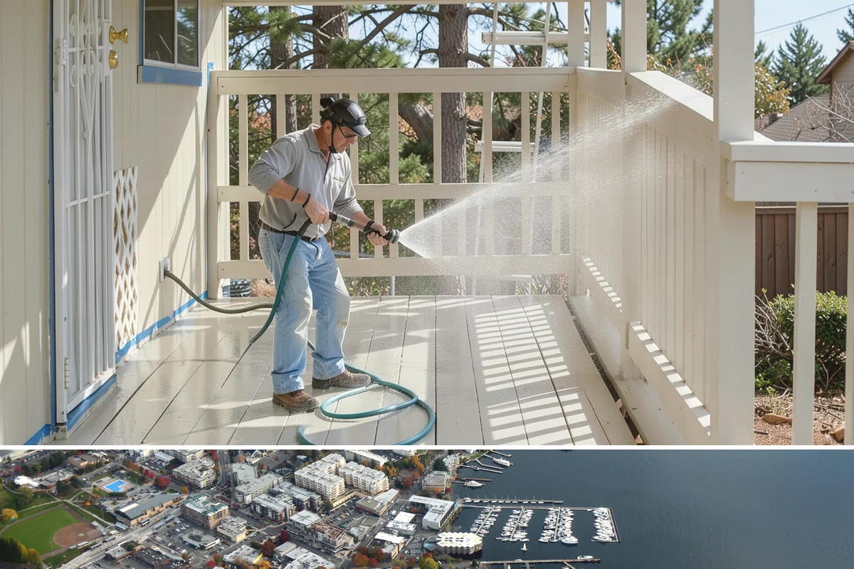 Stairwell Cleaning in Kirkland, King County, WA - Stairwells benefit from cleaning two to three times a year, with priority through the wet fall and winter when algae peaks.