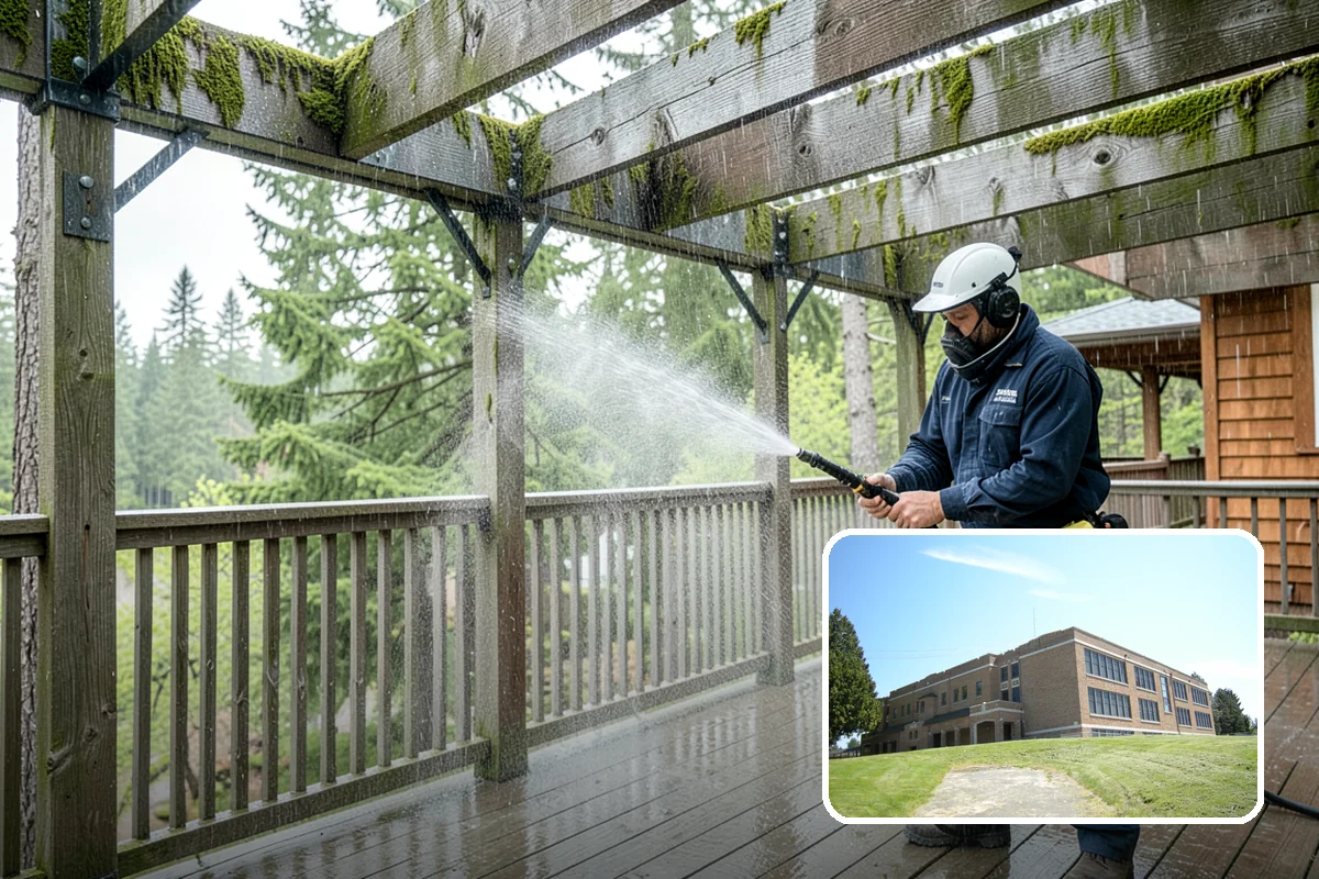 Stairwell Cleaning in Maple Valley, King County, WA - Removes slick algae and grime from shaded treads