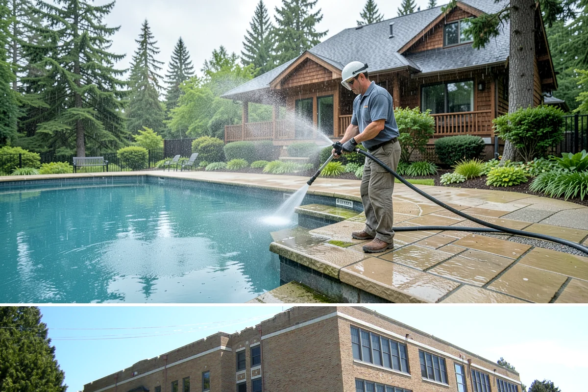 Stairwell Cleaning in Maple Valley, King County, WA - Stairwells benefit from cleaning two to three times a year, with priority through the wet fall and winter when algae peaks.