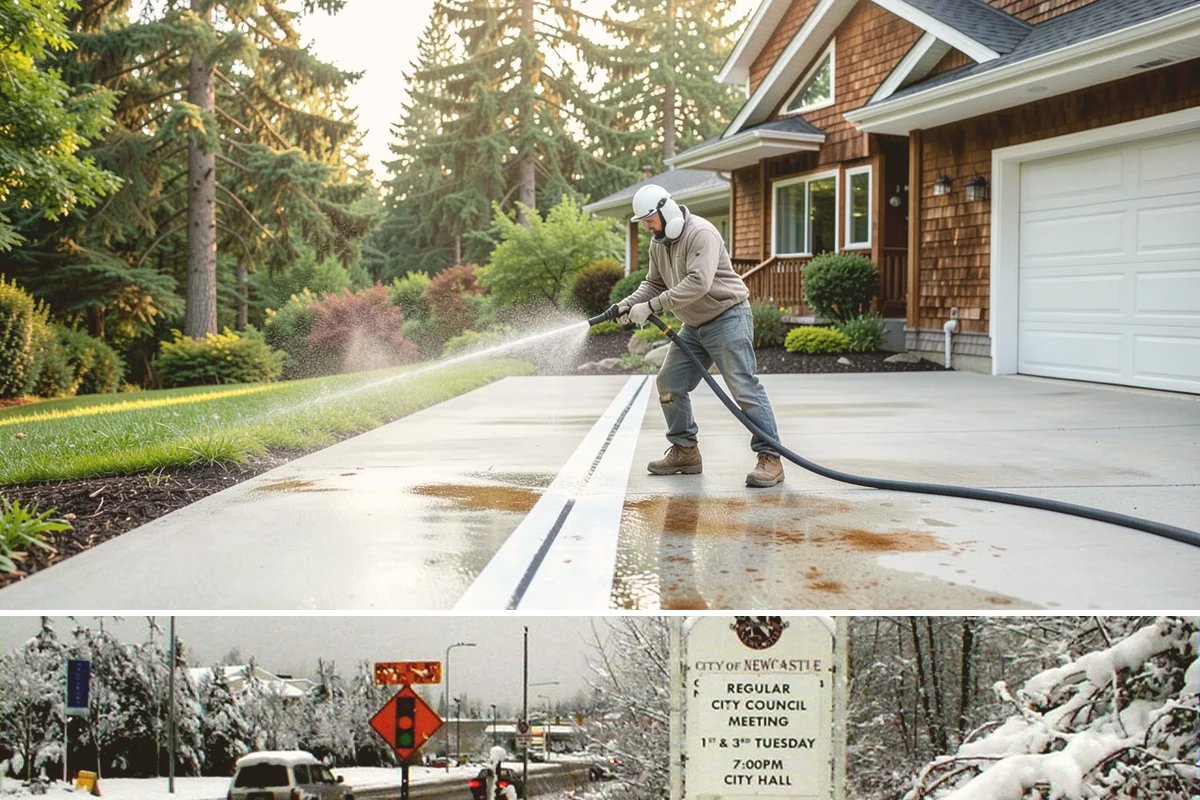 Stairwell Cleaning in Newcastle, King County, WA - Stairwells benefit from cleaning two to three times a year, with priority through the wet fall and winter when algae peaks.