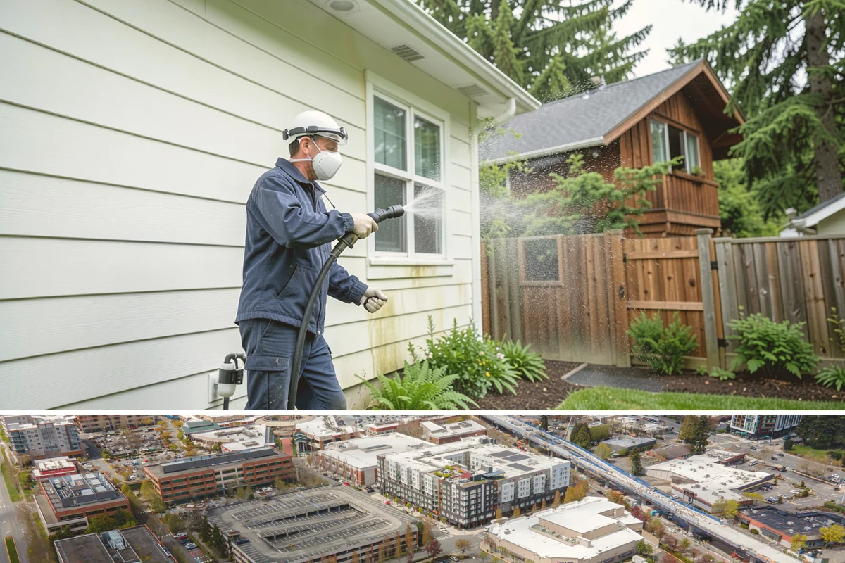 Stairwell Cleaning in Redmond, King County, WA - Stairwells benefit from cleaning two to three times a year, with priority through the wet fall and winter when algae peaks.