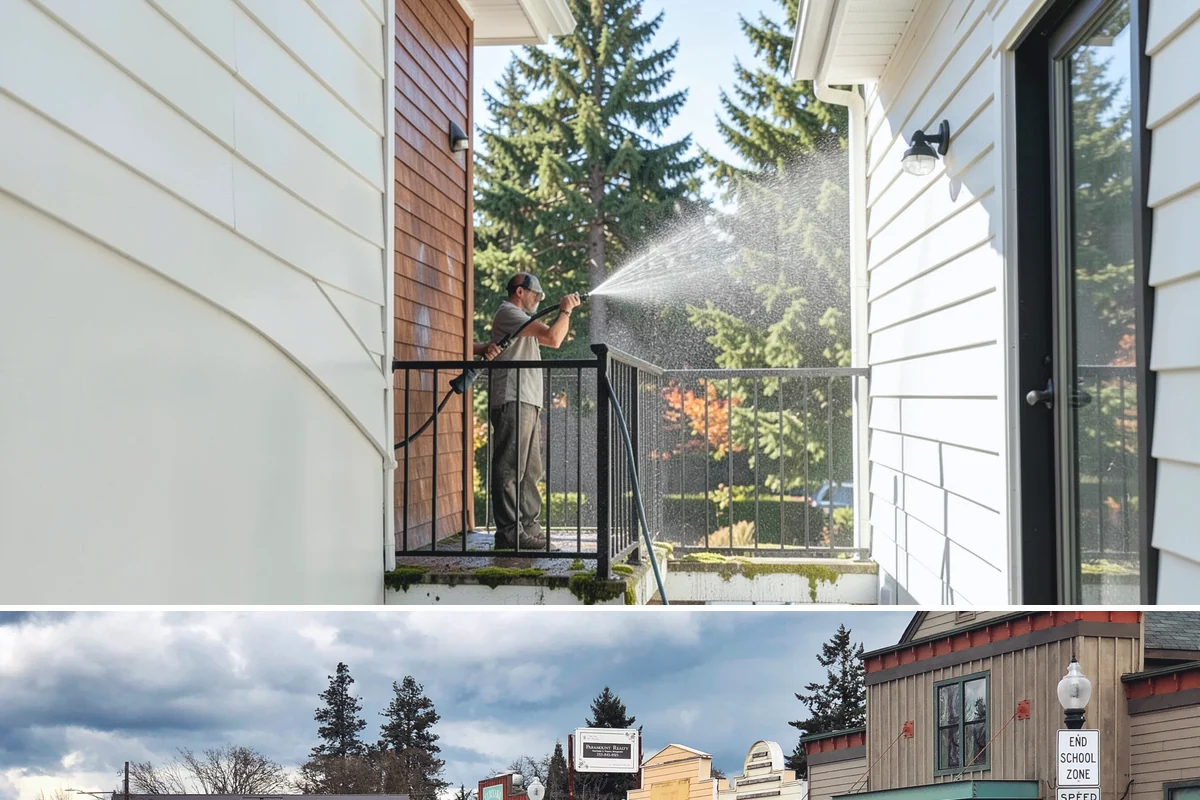 Stairwell Cleaning in Roy, Pierce County, WA - Stairwells benefit from cleaning two to three times a year, with priority through the wet fall and winter when algae peaks.