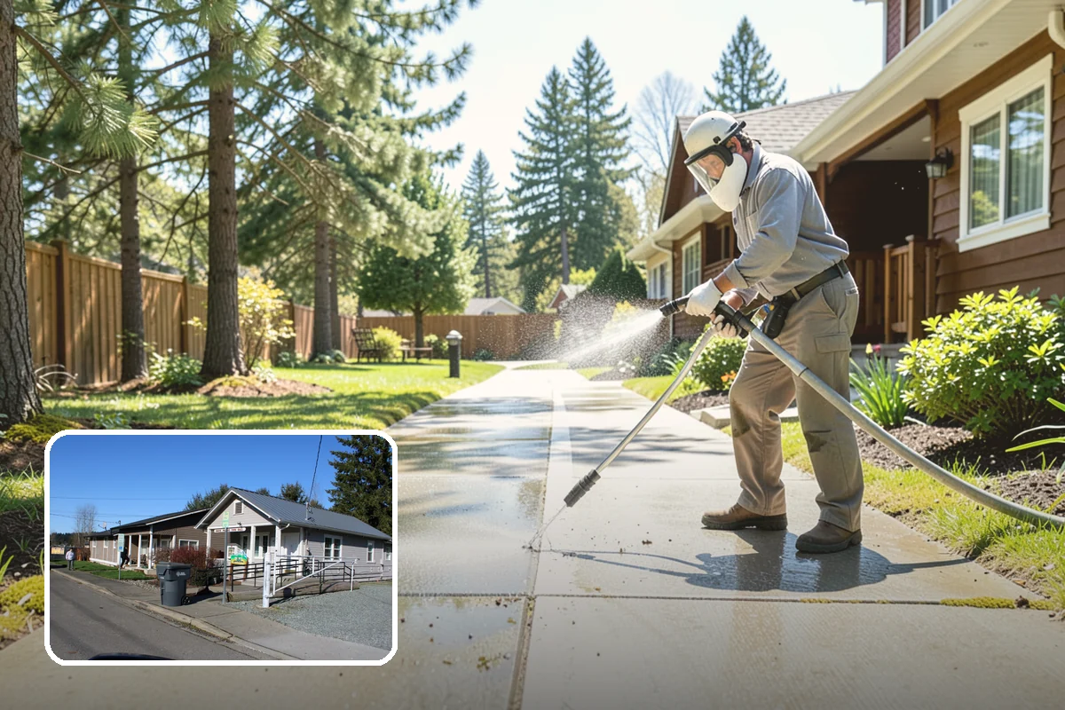Stairwell Cleaning in South Prairie, Pierce County, WA - Removes slick algae and grime from shaded treads