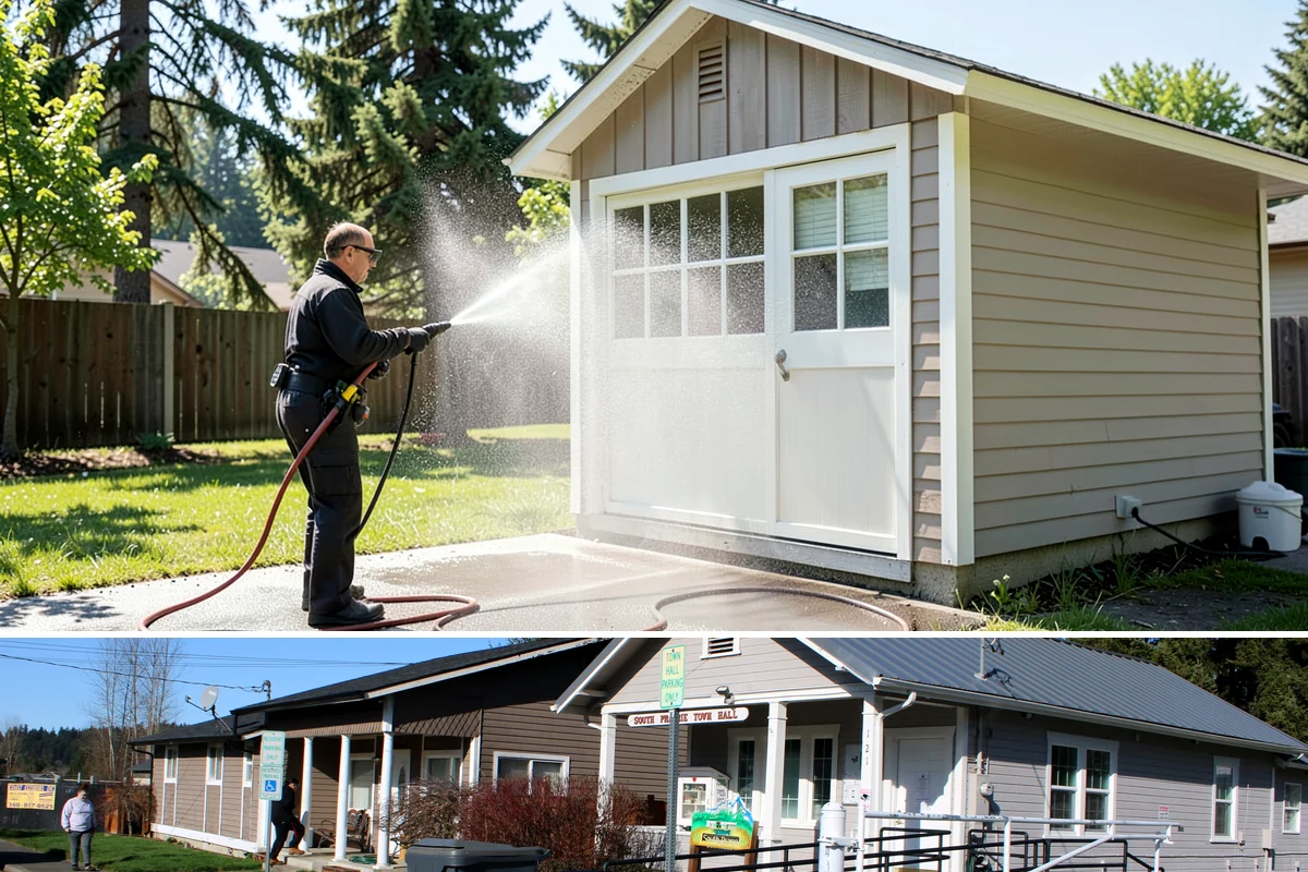 Stairwell Cleaning in South Prairie, Pierce County, WA - Stairwells benefit from cleaning two to three times a year, with priority through the wet fall and winter when algae peaks.