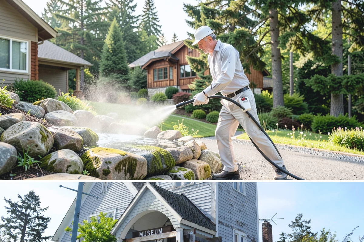 Stairwell Cleaning in Steilacoom, Pierce County, WA - Stairwells benefit from cleaning two to three times a year, with priority through the wet fall and winter when algae peaks.