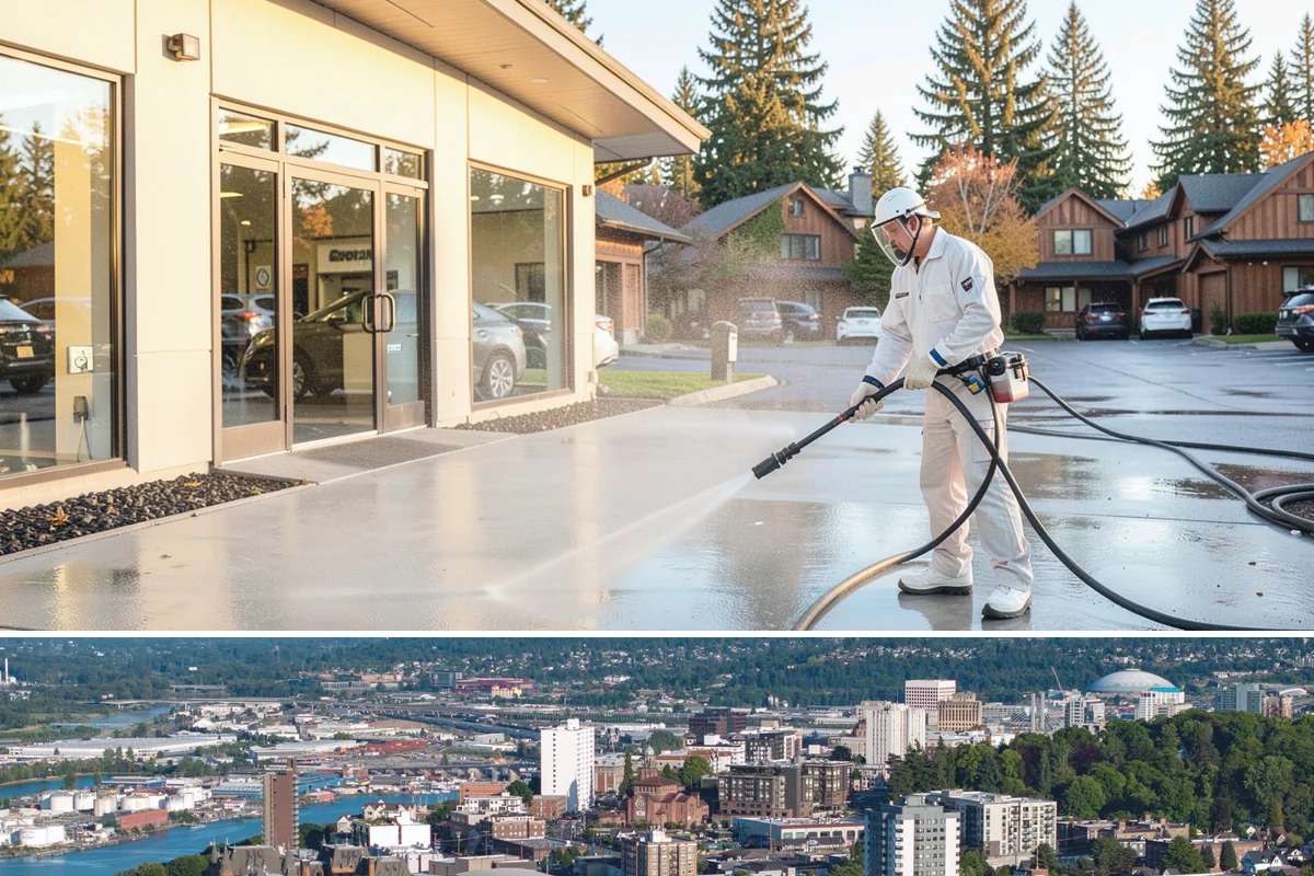 Stairwell Cleaning in Tacoma, Pierce County, WA - Stairwells benefit from cleaning two to three times a year, with priority through the wet fall and winter when algae peaks.