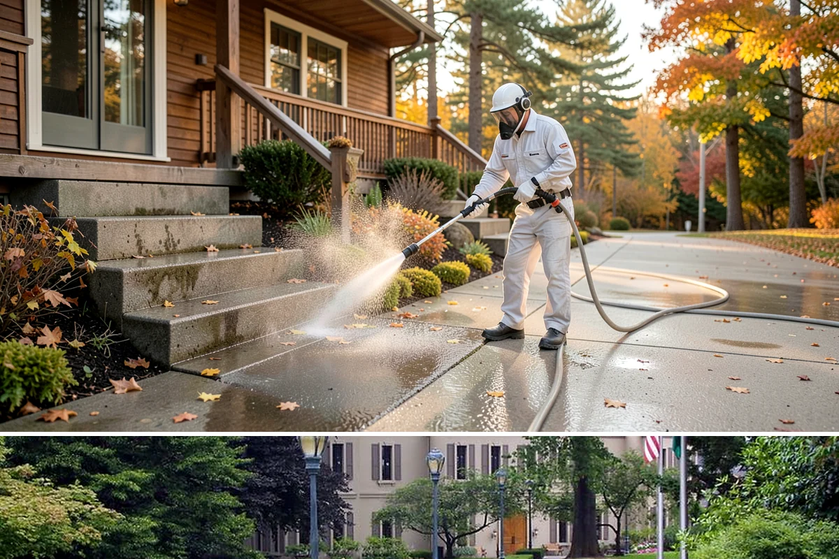 Stairwell Cleaning in Woodinville, King County, WA - Stairwells benefit from cleaning two to three times a year, with priority through the wet fall and winter when algae peaks.
