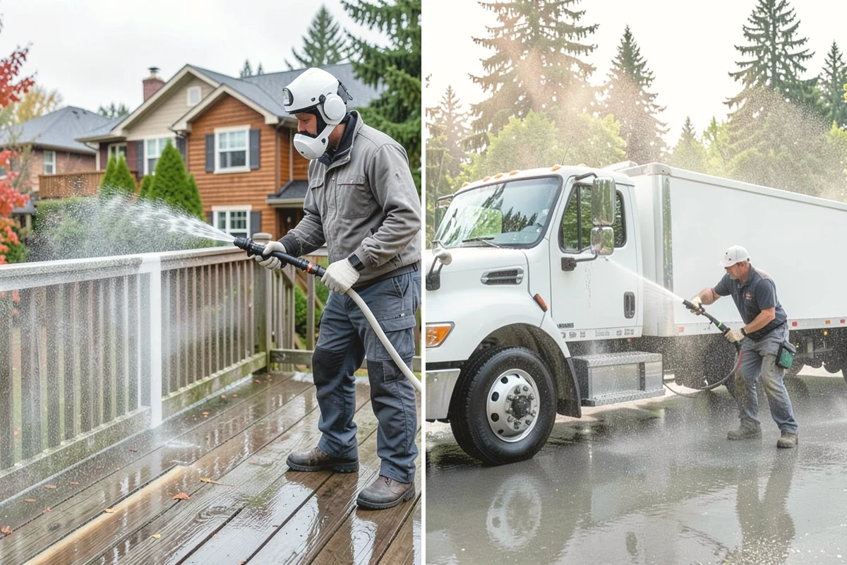 Step Pressure Washing in Black Diamond, King County, WA - Sweep loose debris and pre-soak the steps