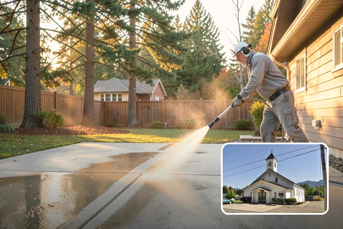 Step Pressure Washing in Concrete, Skagit County, WA - Strips compacted grime from step surfaces