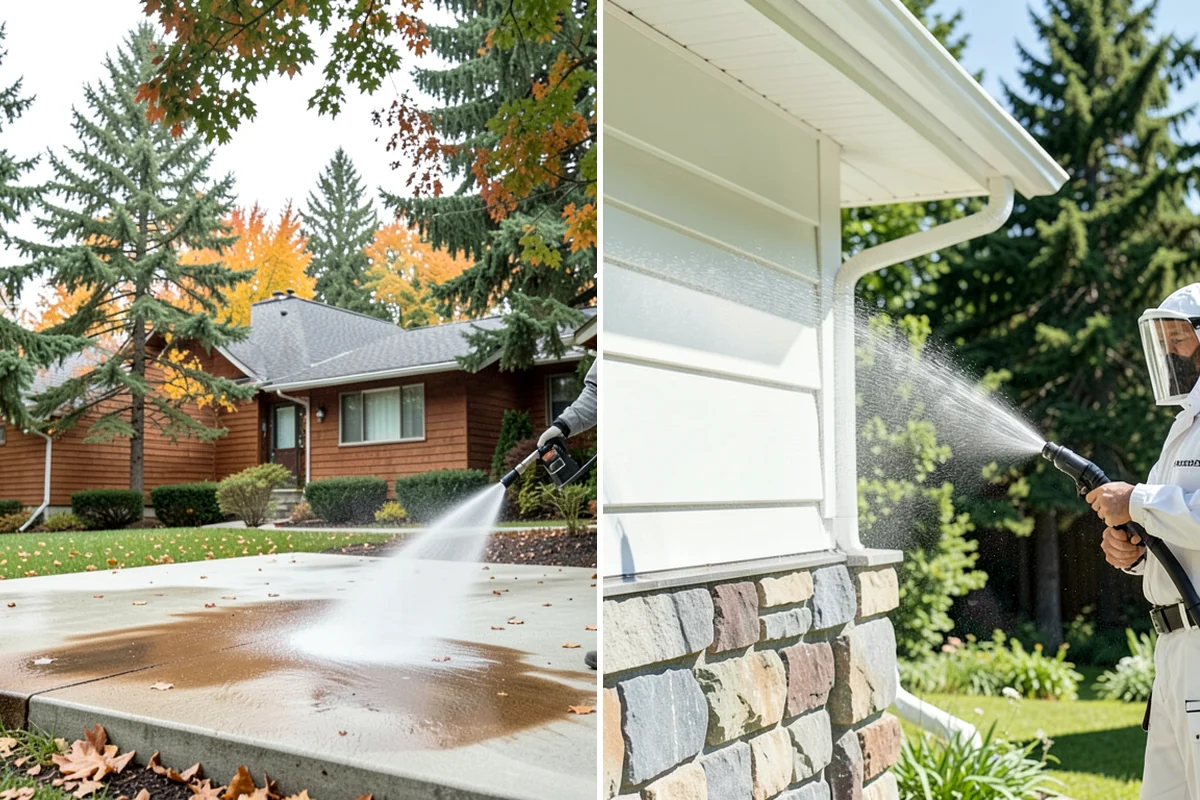 Step Pressure Washing in SeaTac, King County, WA - Sweep loose debris and pre-soak the steps