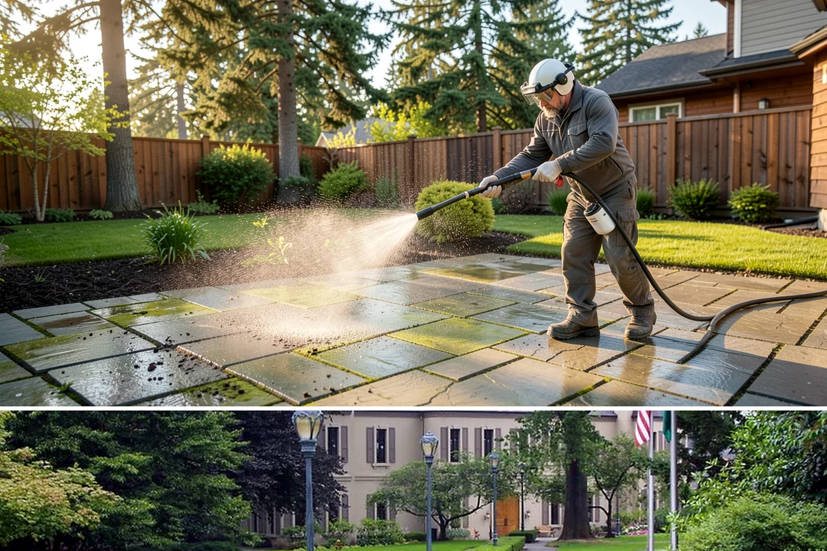Stone Cleaning in Woodinville, King County, WA - A drier summer schedule keeps porous stone from staying saturated, giving the cleaning solution the best conditions to work.