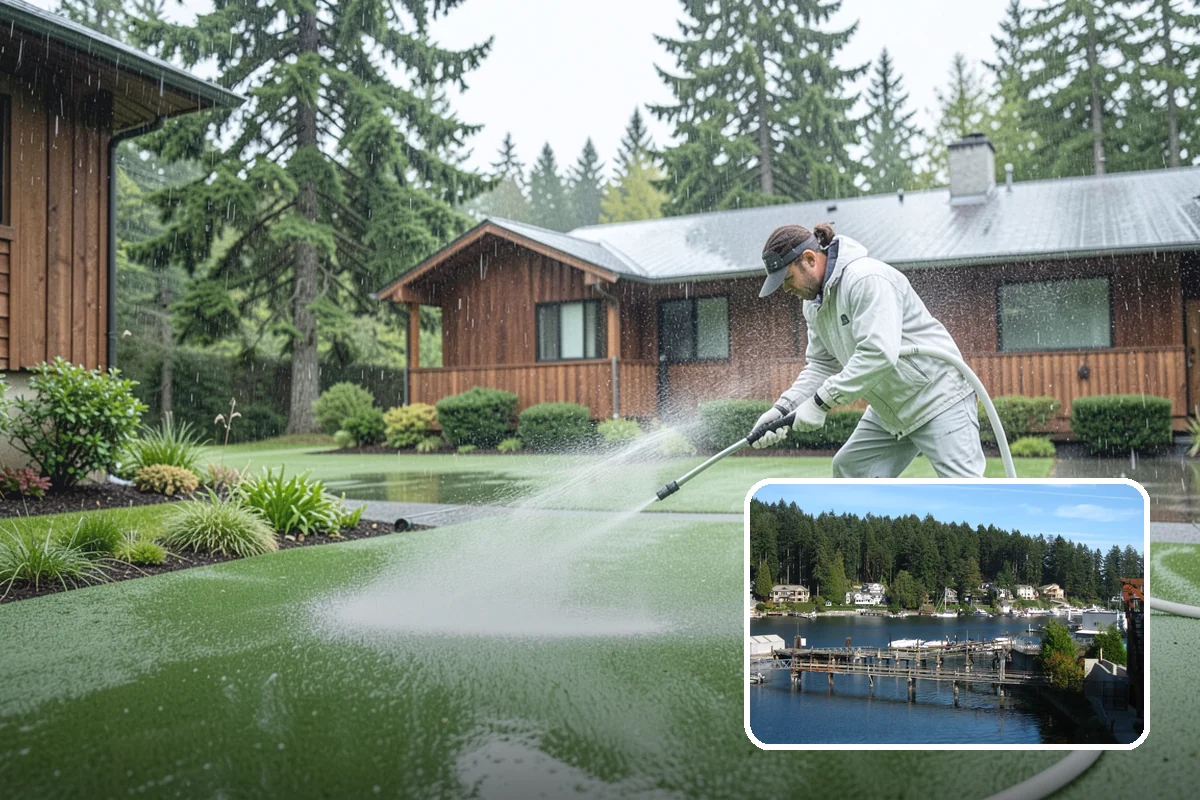 Stone Patio Cleaning in Gig Harbor, Pierce County, WA - Lifts black algae without etching the stone