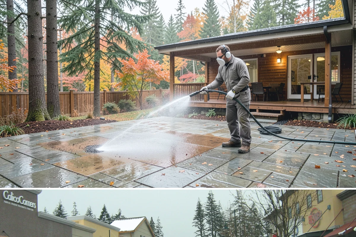 Stone Patio Cleaning in Mill Creek, Snohomish County, WA - Stone patios clean best in warm, dry summer weeks that let porous stone dry evenly.
