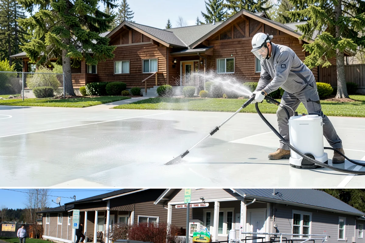 Stone Patio Cleaning in South Prairie, Pierce County, WA - Stone patios clean best in warm, dry summer weeks that let porous stone dry evenly.