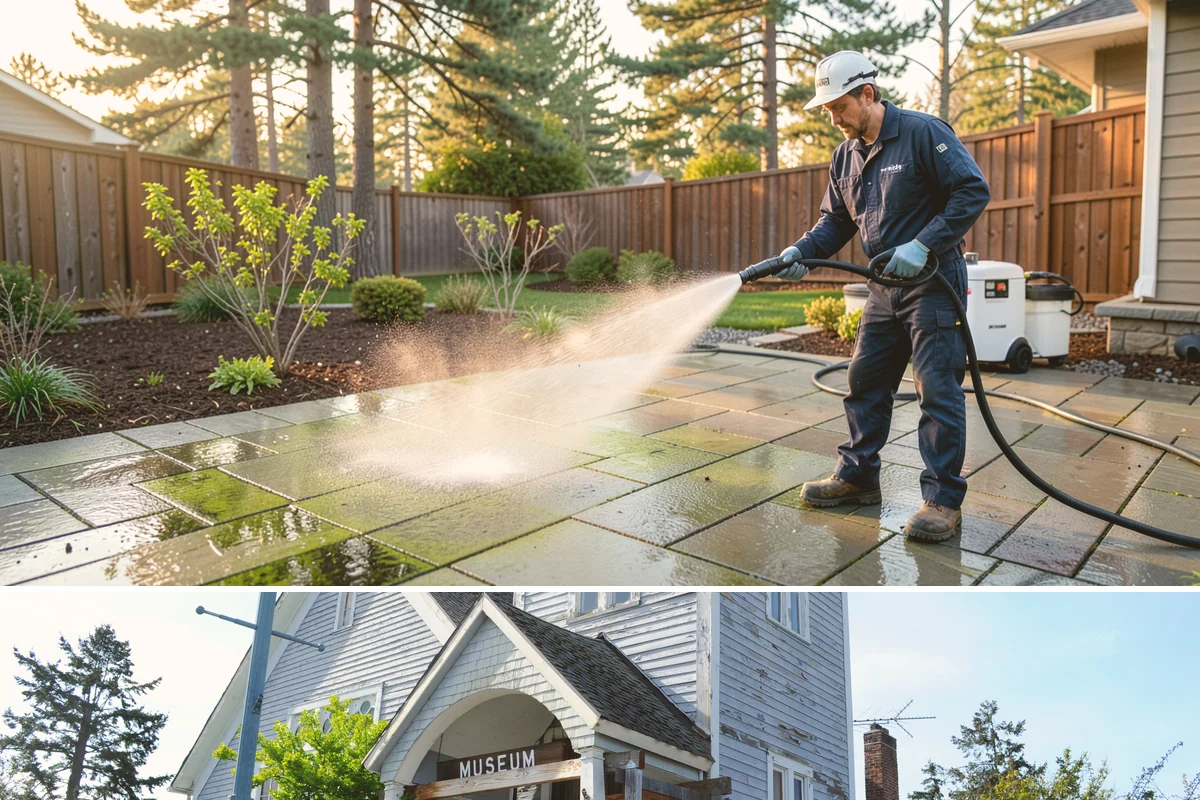 Stone Patio Cleaning in Steilacoom, Pierce County, WA - Stone patios clean best in warm, dry summer weeks that let porous stone dry evenly.