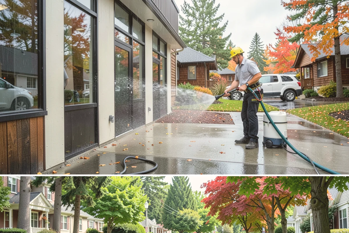 Storefront Washing in Beaux Arts Village, King County, WA - Late spring through early fall offers the driest windows for storefront washing, though quarterly touch-ups keep winter algae in...