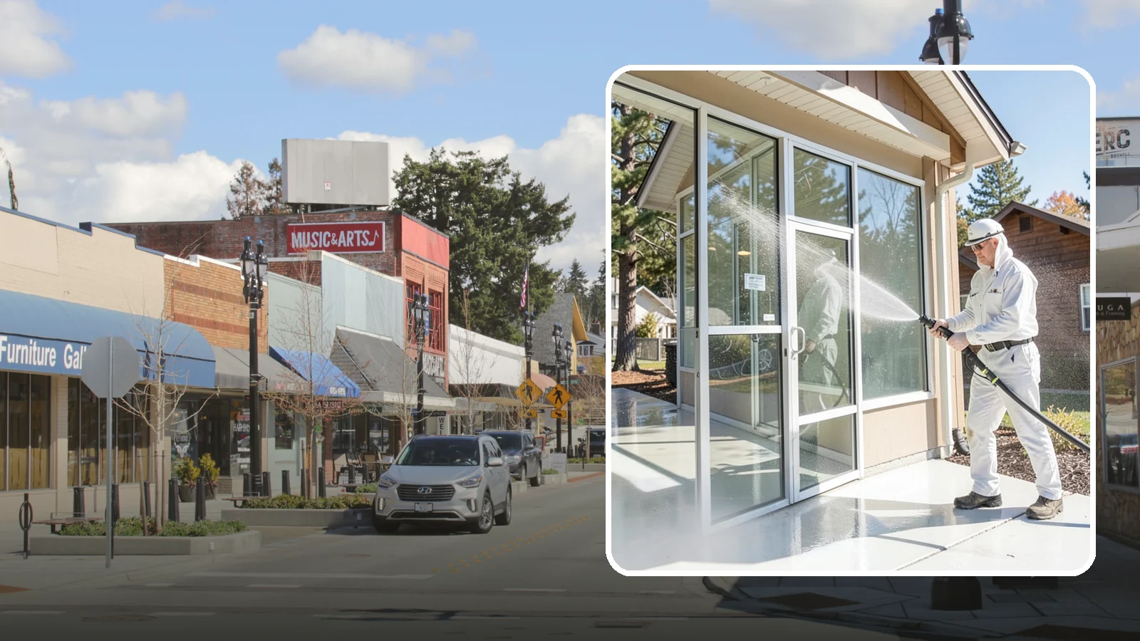 Storefront Washing in Bothell, King County, WA - First impressions matter, so we keep your Washington storefront looking sharp with a thorough exterior wash that clears away...