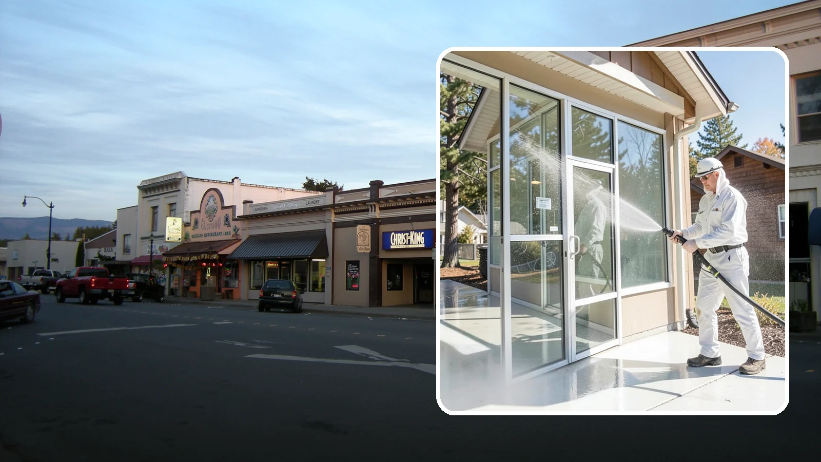 Storefront Washing in Burlington, Skagit County, WA - First impressions matter, so we keep your Washington storefront looking sharp with a thorough exterior wash that clears away...