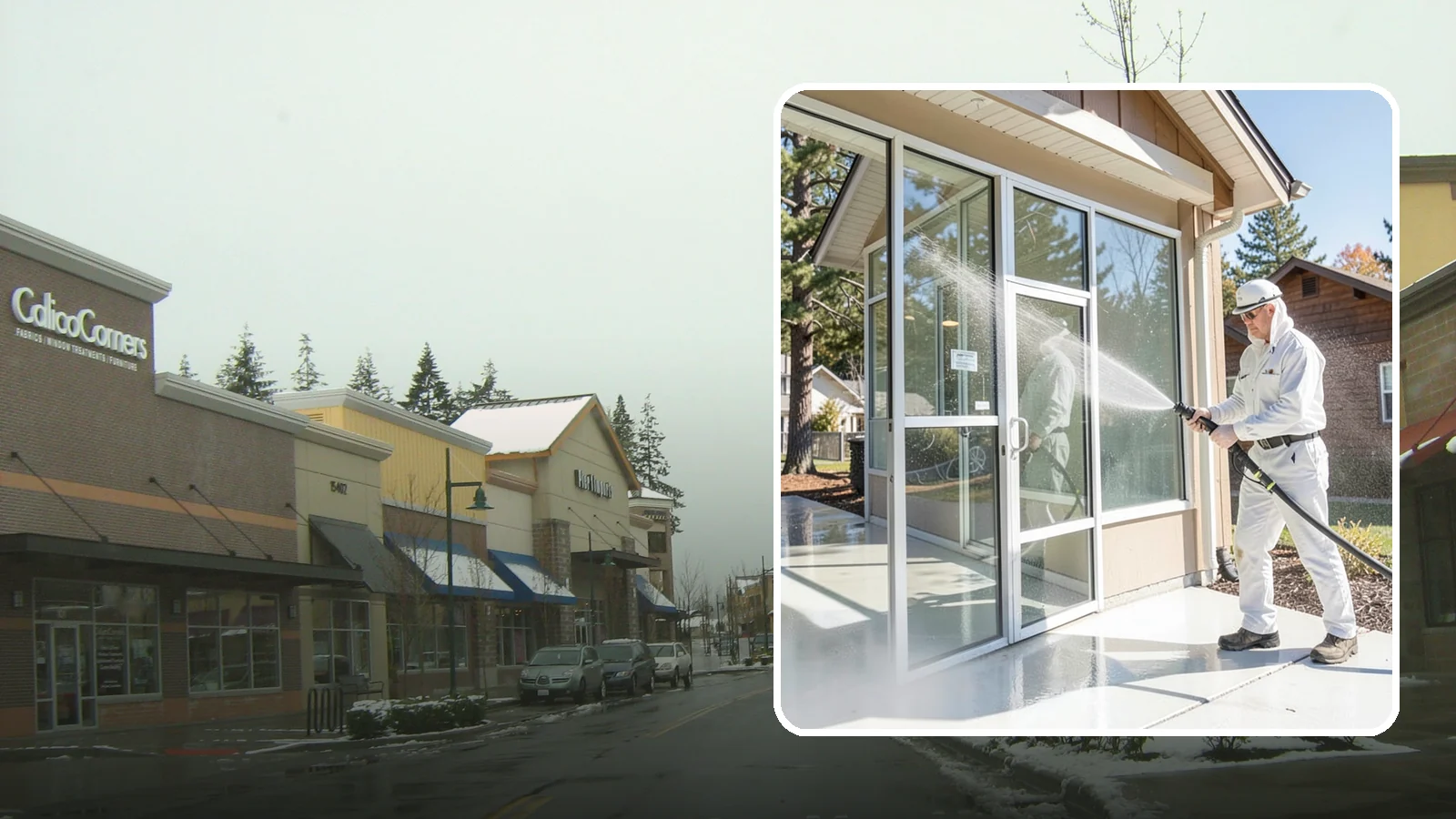 Storefront Washing in Mill Creek, Snohomish County, WA - First impressions matter, so we keep your Washington storefront looking sharp with a thorough exterior wash that clears away...