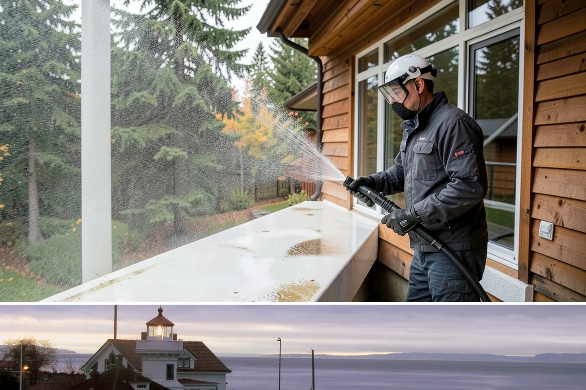 Storefront Washing in Mukilteo, Snohomish County, WA - Late spring through early fall offers the driest windows for storefront washing, though quarterly touch-ups keep winter algae in...