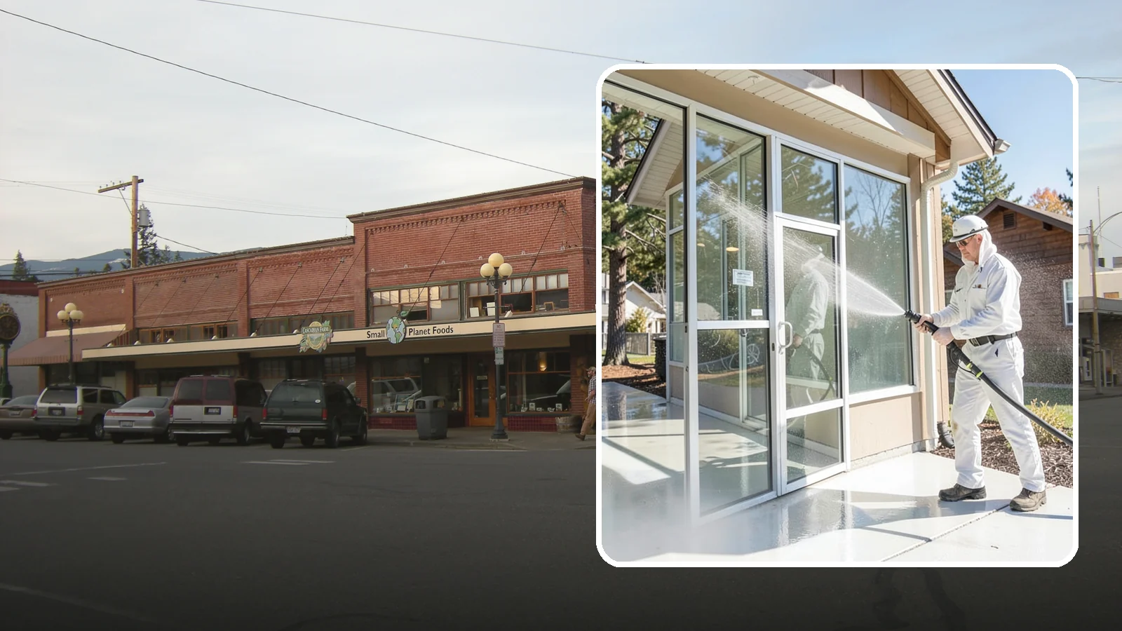 Storefront Washing in Sedro-Woolley, Skagit County, WA - First impressions matter, so we keep your Washington storefront looking sharp with a thorough exterior wash that clears away...