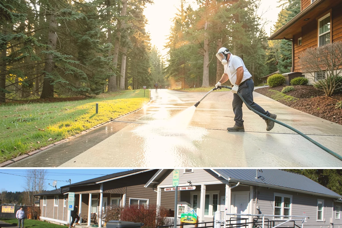 Storefront Washing in South Prairie, Pierce County, WA - Late spring through early fall offers the driest windows for storefront washing, though quarterly touch-ups keep winter algae in...