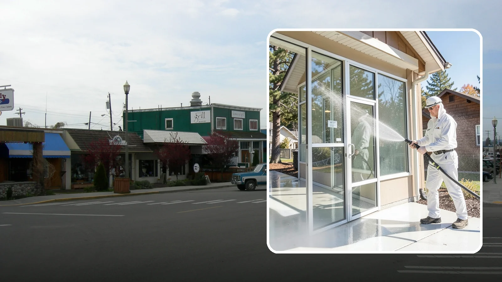 Storefront Washing in Stanwood, Snohomish County, WA - First impressions matter, so we keep your Washington storefront looking sharp with a thorough exterior wash that clears away...