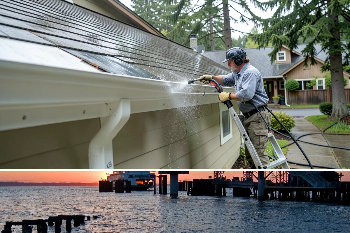 Storm Cleanup Washing in Edmonds, Snohomish County, WA - Any time after a windstorm or heavy rain event, ideally within a few days before mud and organic streaks dry into the surface.