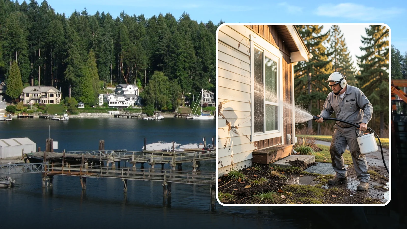 Storm Cleanup Washing in Gig Harbor, Pierce County, WA - Storm cleanup washing removes the mud, debris streaks, and organic mess left across your property after a Northwest windstorm or...