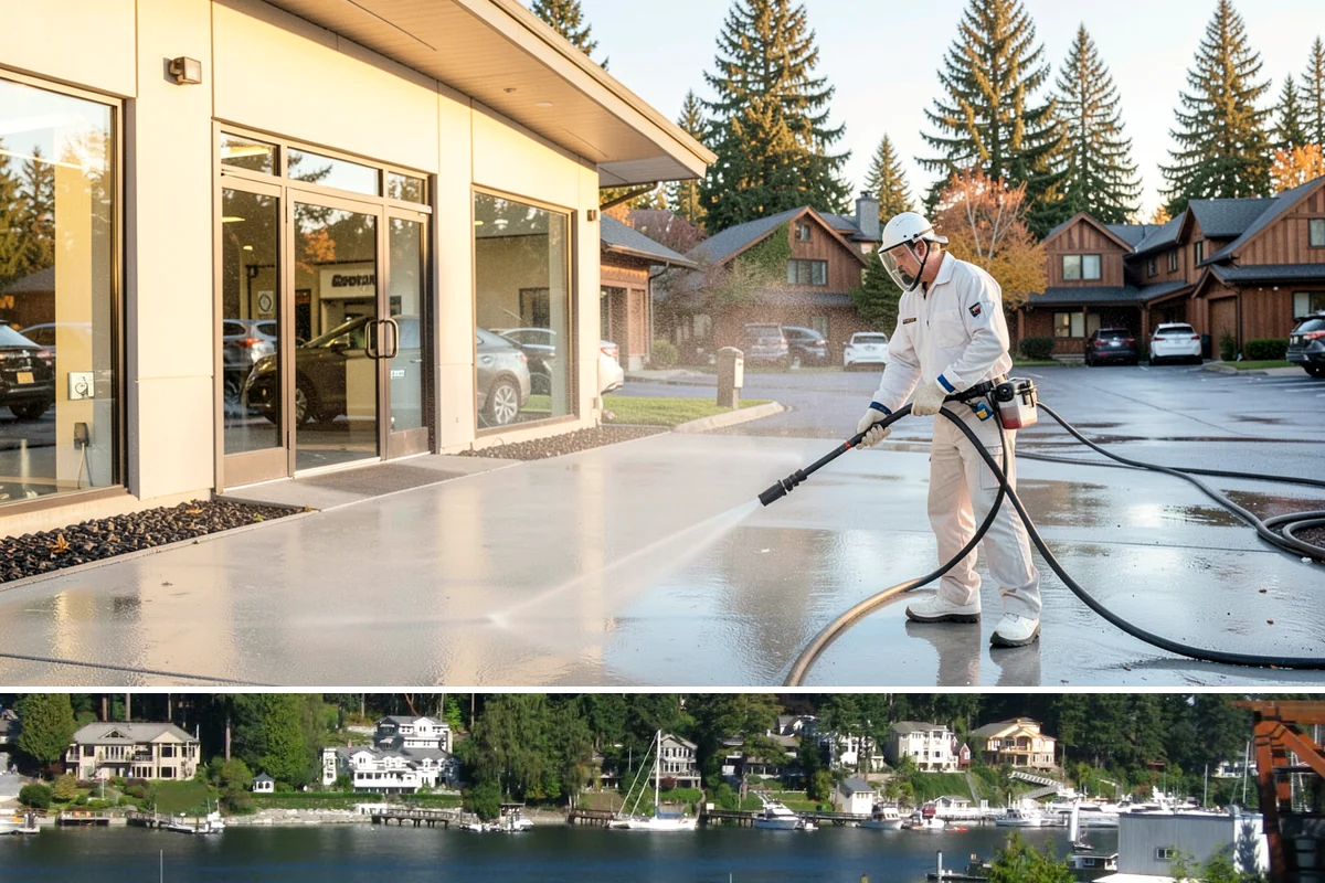 Storm Cleanup Washing in Gig Harbor, Pierce County, WA - Any time after a windstorm or heavy rain event, ideally within a few days before mud and organic streaks dry into the surface.