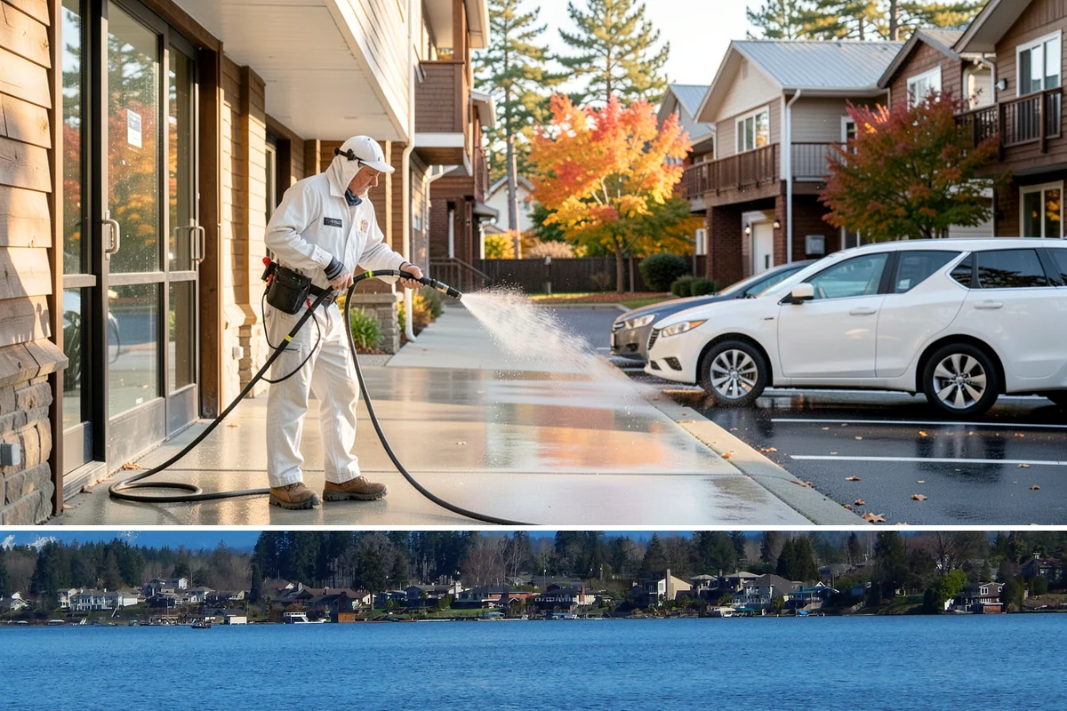 Storm Cleanup Washing in Lake Stevens, Snohomish County, WA - Any time after a windstorm or heavy rain event, ideally within a few days before mud and organic streaks dry into the surface.