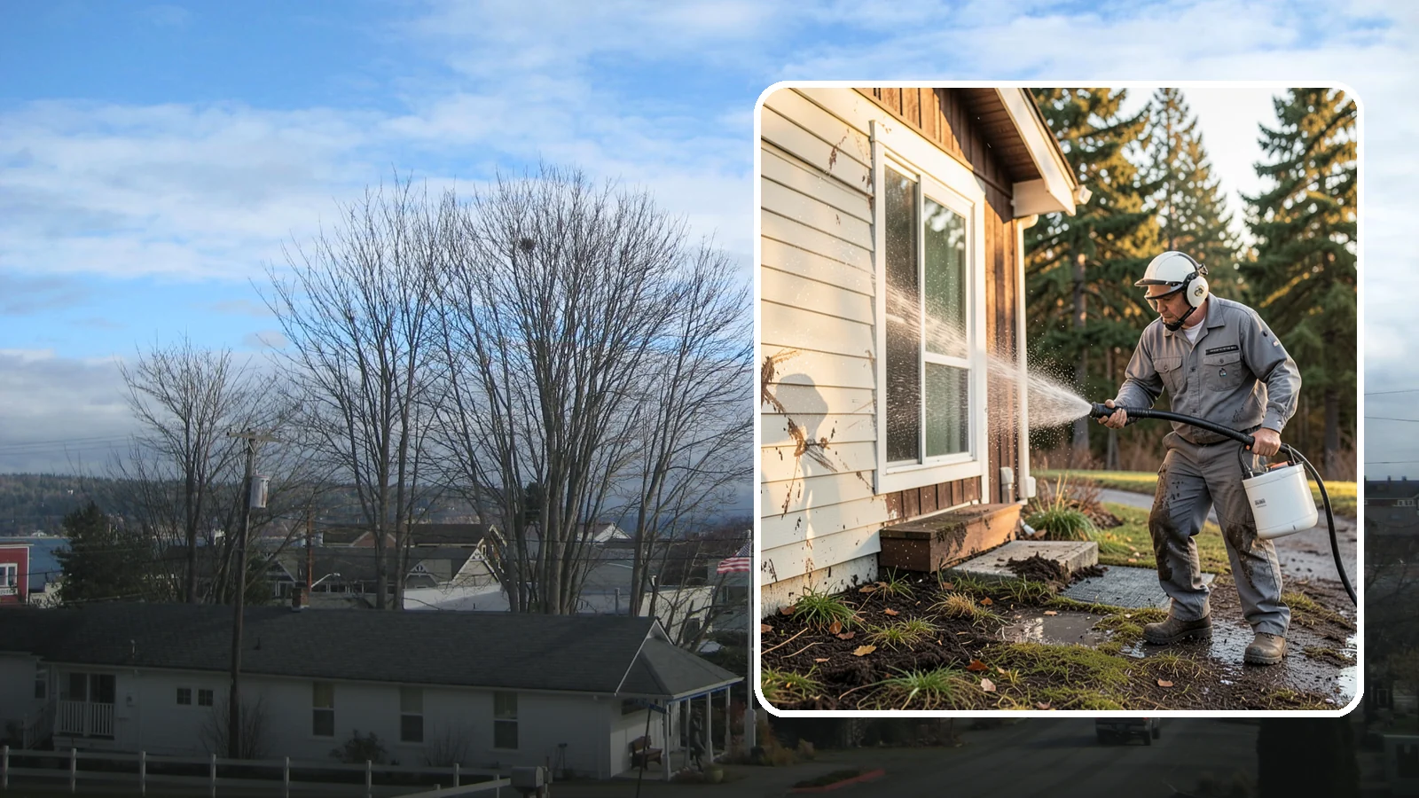 Storm Cleanup Washing in Langley, Island County, WA - Storm cleanup washing removes the mud, debris streaks, and organic mess left across your property after a Northwest windstorm or...