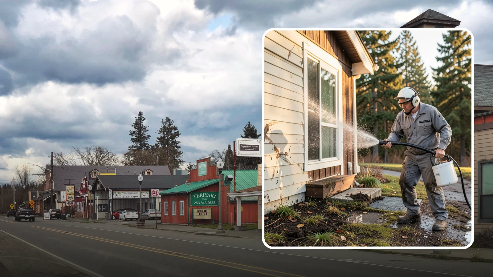 Storm Cleanup Washing in Roy, Pierce County, WA - Storm cleanup washing removes the mud, debris streaks, and organic mess left across your property after a Northwest windstorm or...
