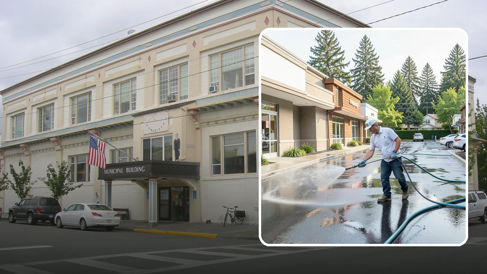 Strip Mall Cleaning in Anacortes, Skagit County, WA - Coordinated exterior cleaning for strip malls and plazas that unifies storefronts, sidewalks, and parking fronts under one clean...