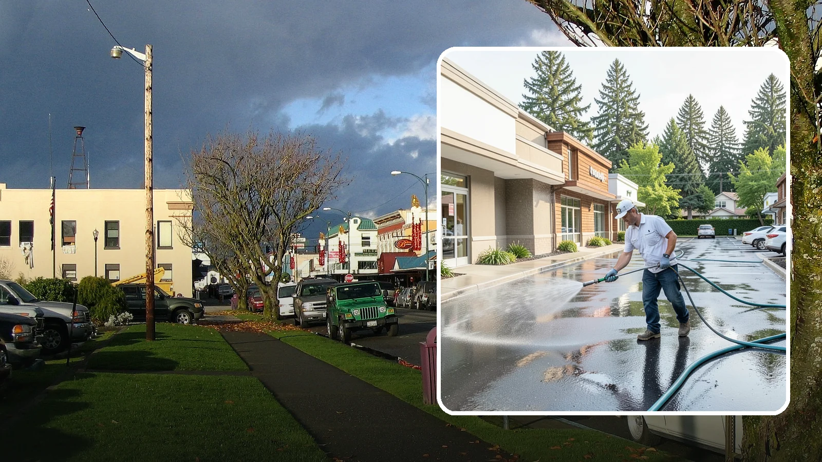 Strip Mall Cleaning in Arlington, Snohomish County, WA - Coordinated exterior cleaning for strip malls and plazas that unifies storefronts, sidewalks, and parking fronts under one clean...