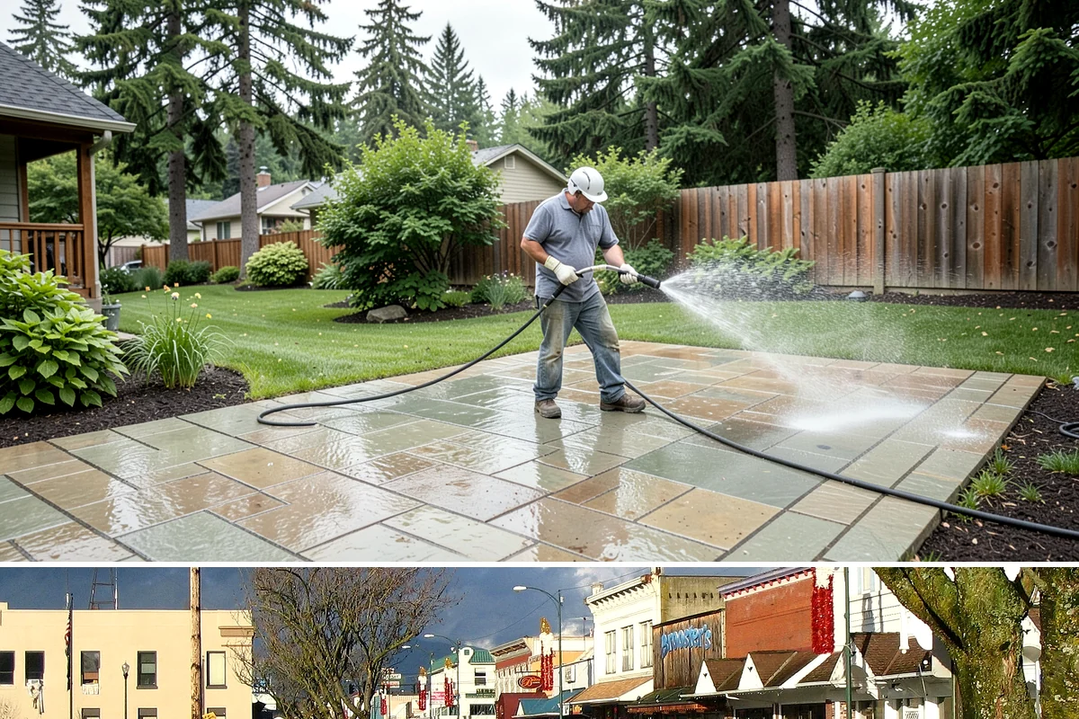 Strip Mall Cleaning in Arlington, Snohomish County, WA - A spring and fall cleaning cycle keeps a strip mall presentable through the Northwest's wettest and busiest stretches.