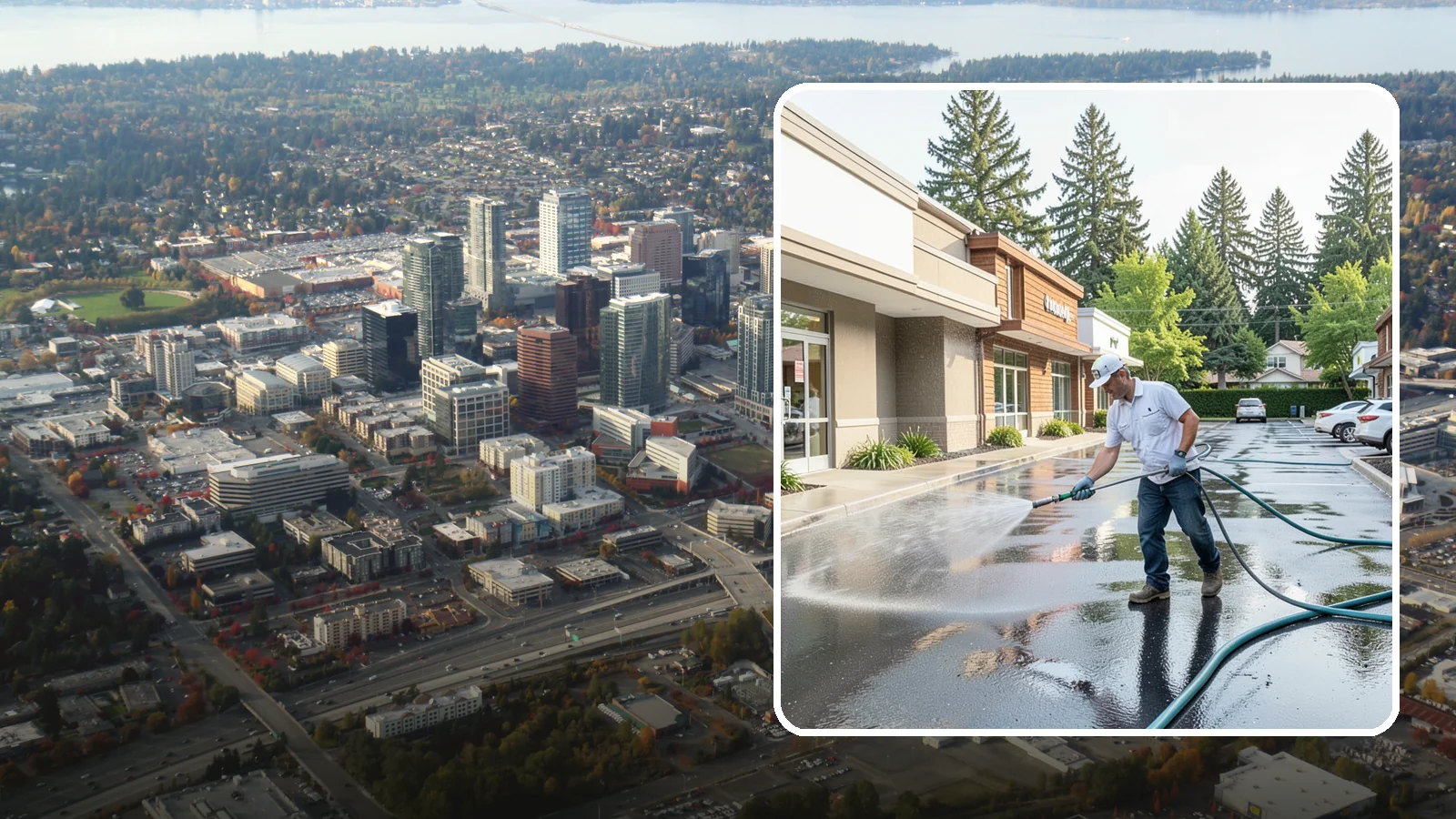 Strip Mall Cleaning in Bellevue, King County, WA - Coordinated exterior cleaning for strip malls and plazas that unifies storefronts, sidewalks, and parking fronts under one clean...