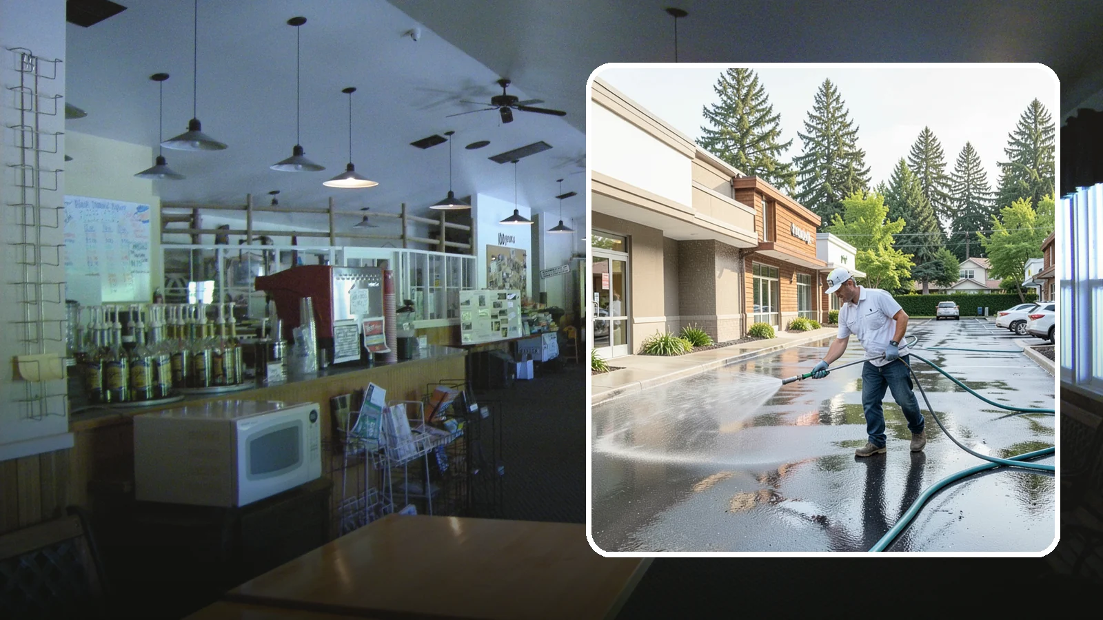 Strip Mall Cleaning in Black Diamond, King County, WA - Coordinated exterior cleaning for strip malls and plazas that unifies storefronts, sidewalks, and parking fronts under one clean...