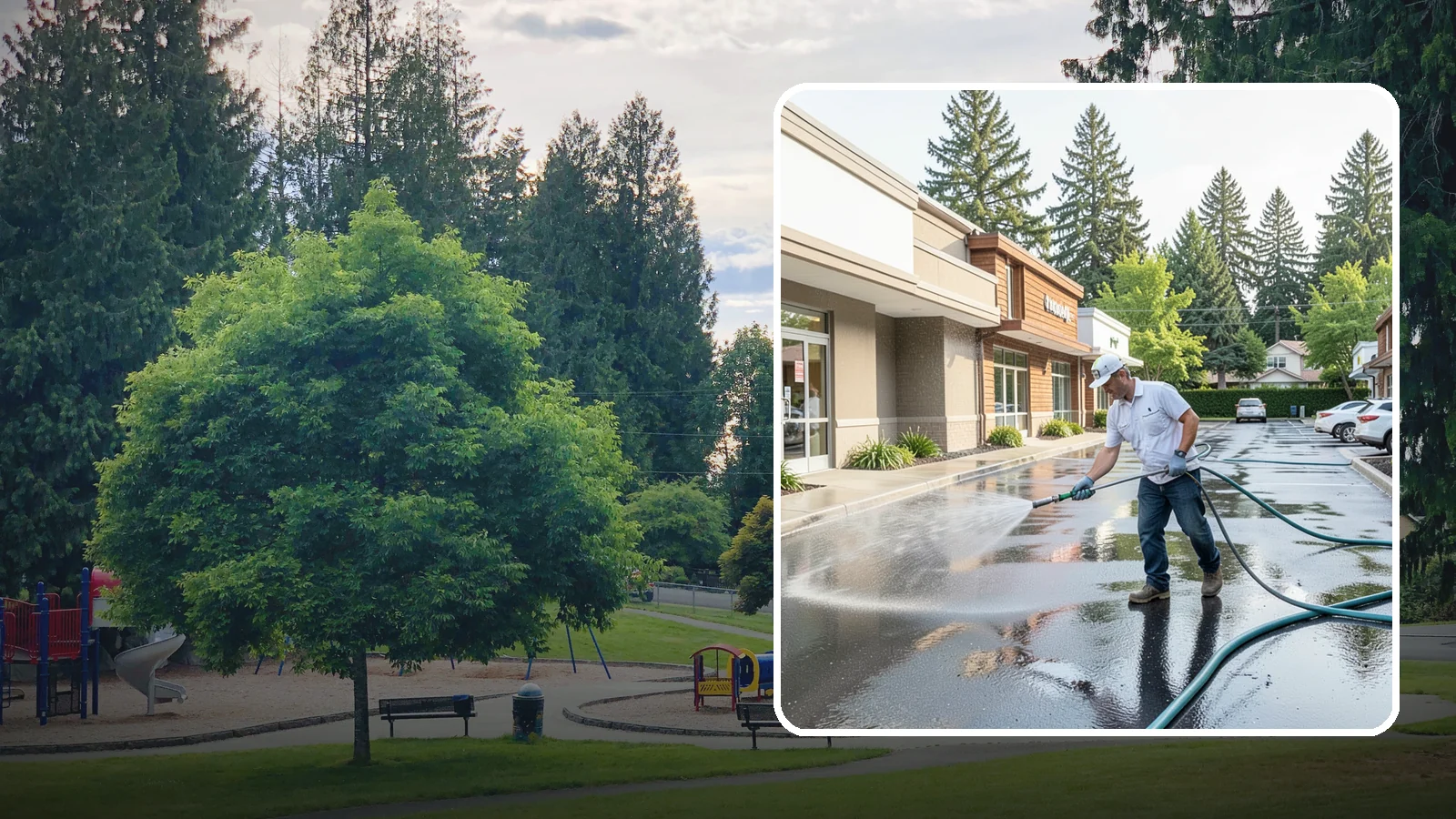 Strip Mall Cleaning in Bonney Lake, Pierce County, WA - Coordinated exterior cleaning for strip malls and plazas that unifies storefronts, sidewalks, and parking fronts under one clean...