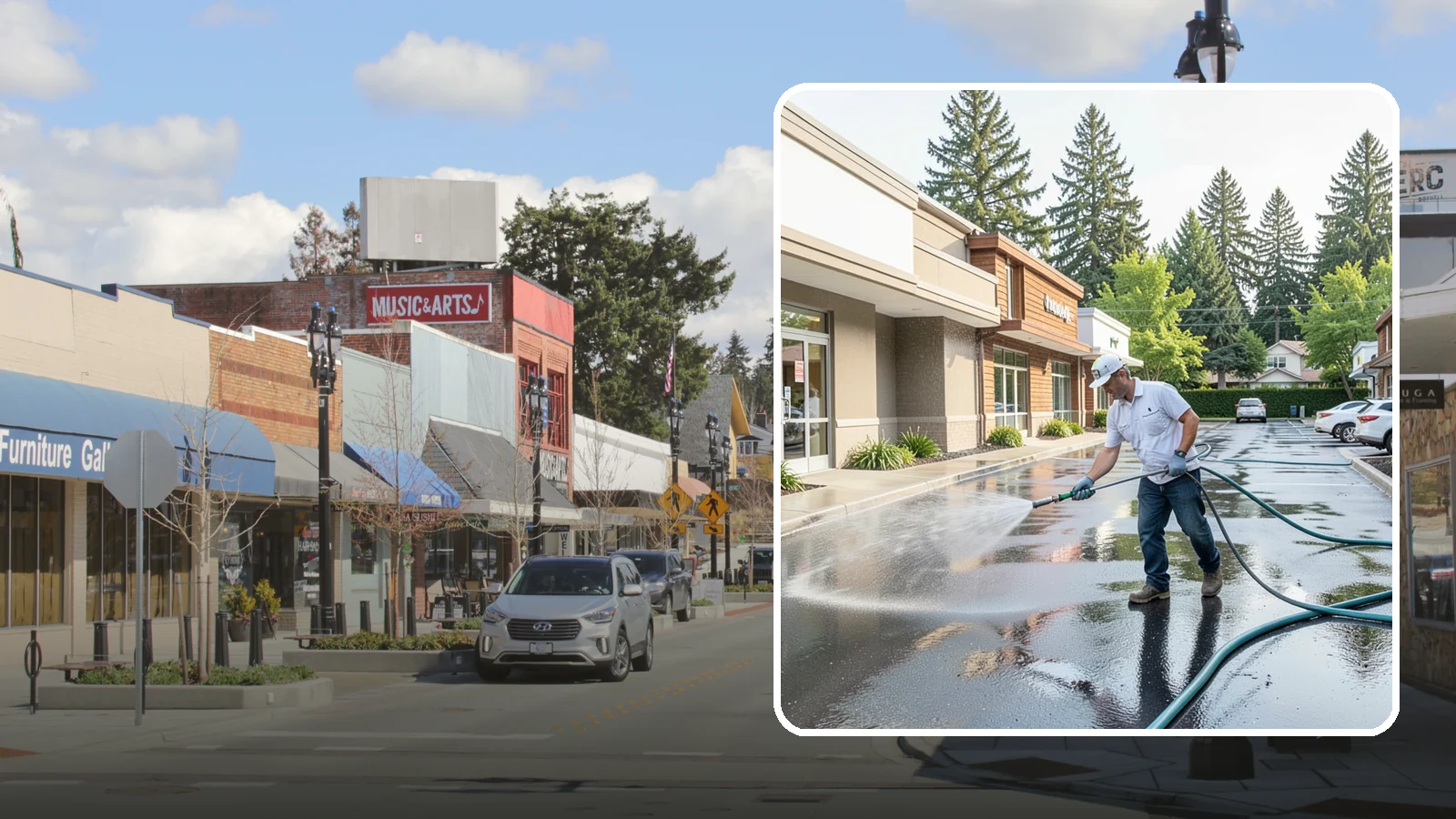 Strip Mall Cleaning in Bothell, King County, WA - Coordinated exterior cleaning for strip malls and plazas that unifies storefronts, sidewalks, and parking fronts under one clean...