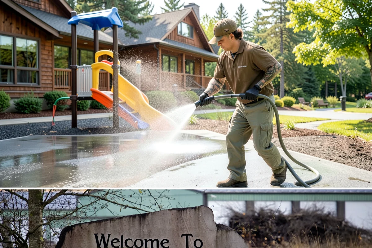 Strip Mall Cleaning in Buckley, Pierce County, WA - A spring and fall cleaning cycle keeps a strip mall presentable through the Northwest's wettest and busiest stretches.