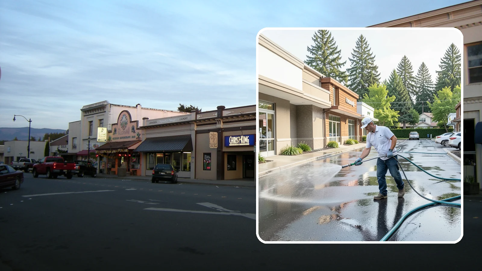 Strip Mall Cleaning in Burlington, Skagit County, WA - Coordinated exterior cleaning for strip malls and plazas that unifies storefronts, sidewalks, and parking fronts under one clean...