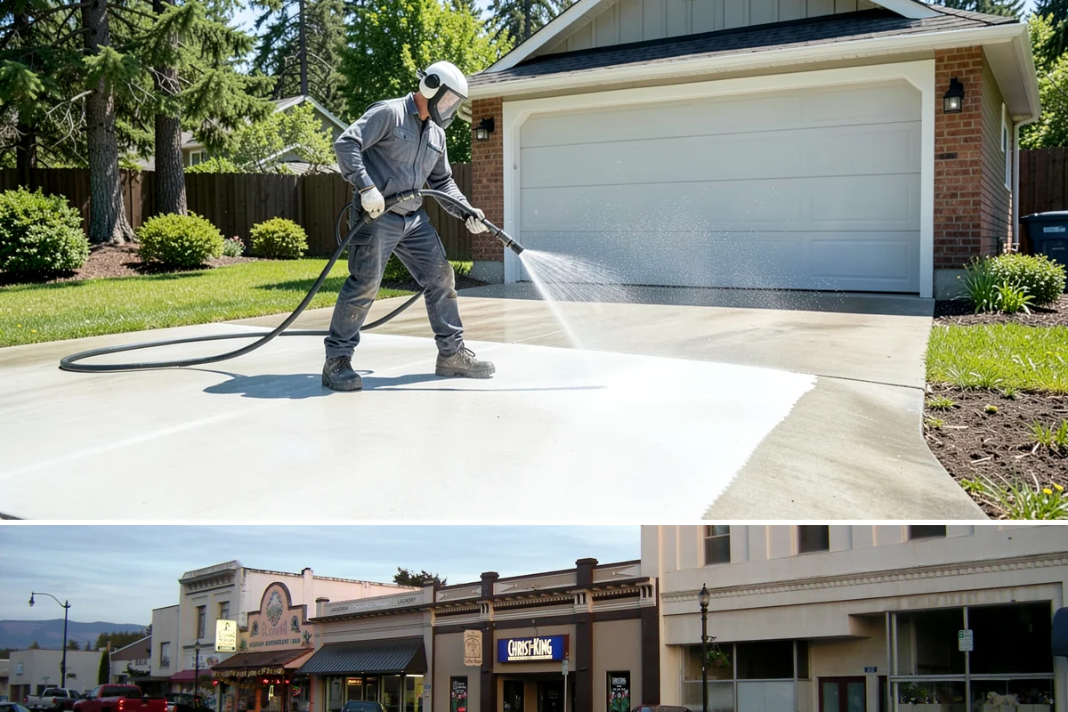 Strip Mall Cleaning in Burlington, Skagit County, WA - A spring and fall cleaning cycle keeps a strip mall presentable through the Northwest's wettest and busiest stretches.